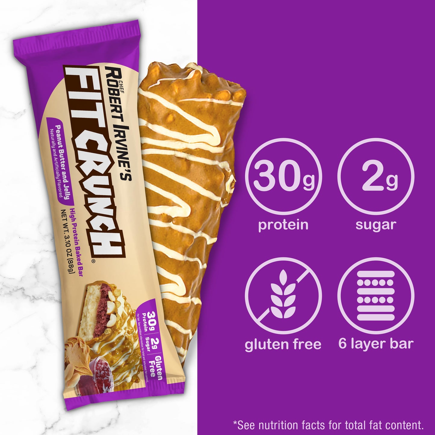 Fitcrunch Full Size Protein Bars, 6-Layer Baked Bar, 2G Of Sugar, Gluten Free & Soft Cake Core (12 Bars, Peanut Butter And Jelly