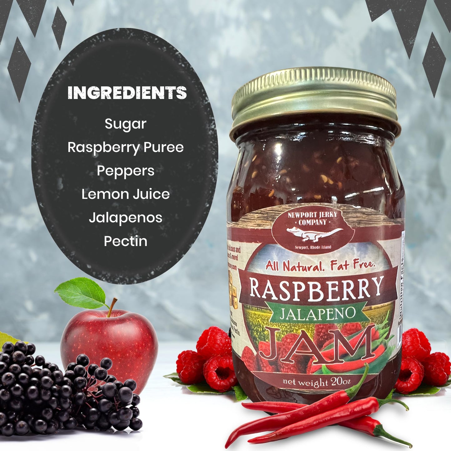 Newport Jerky Company All Natural Gourmet Raspberry Jalapeno Jam | Classic Spread for Burgers, Sandwiches, Toast, Cream Cheese,