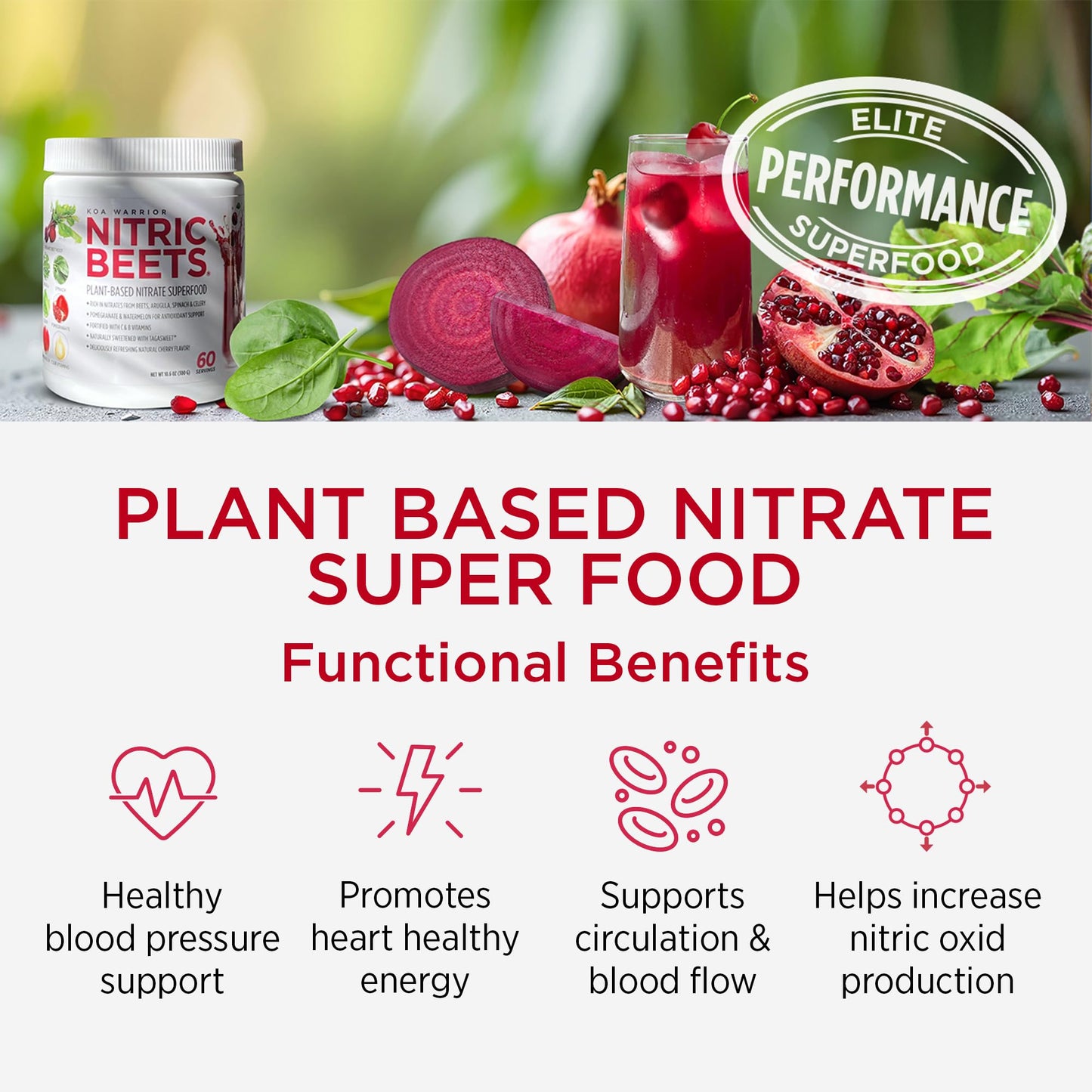 KOA WARRIOR Beet Root Powder Drink Packets - Nitric Oxide Supplement with Spinach & Juices, 10.6 oz, 60 Servings