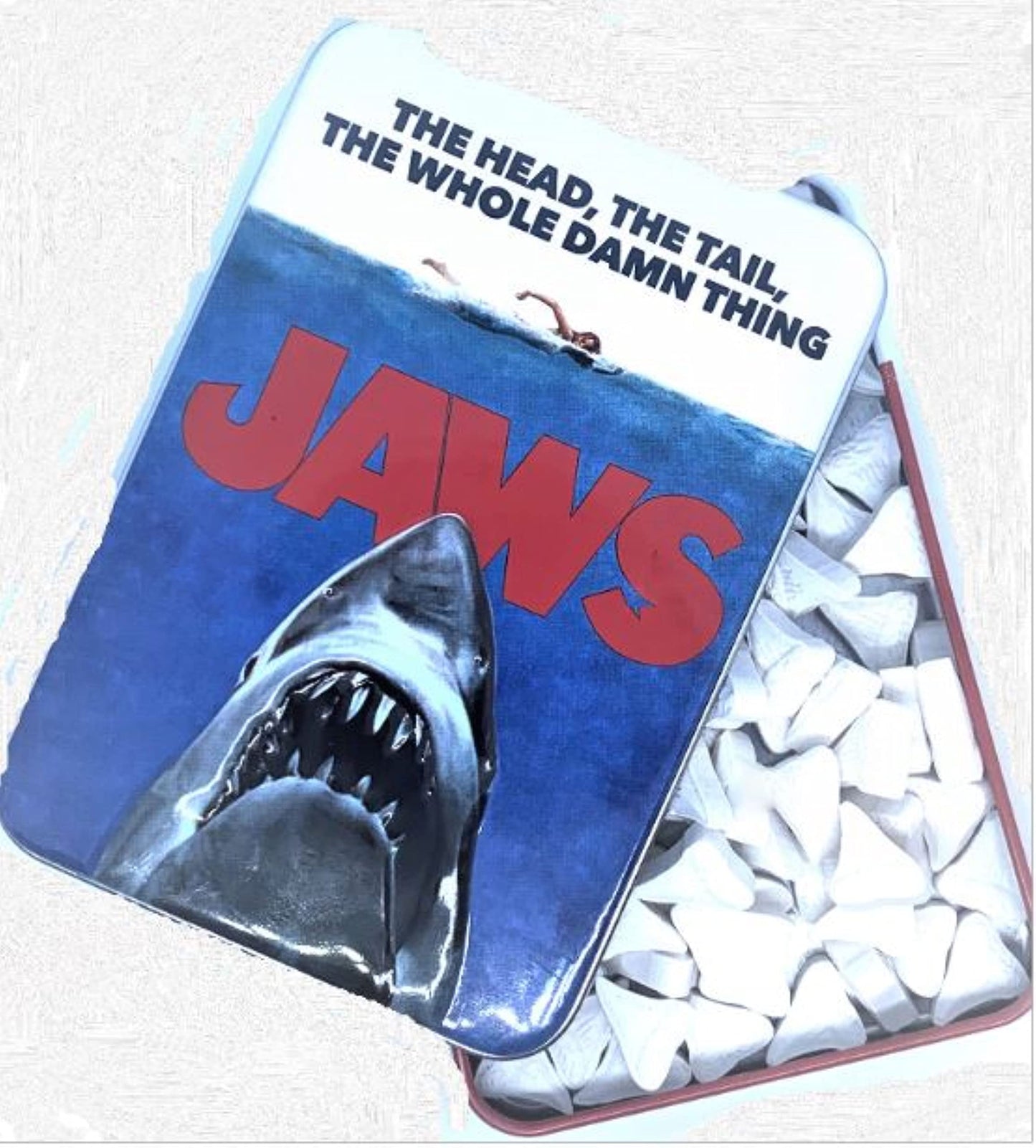 Boston America Jaws Amity Island Candy - Shark Teeth Shaped Tin - Sour Cherry Flavor - Large - Blue, Grey, White