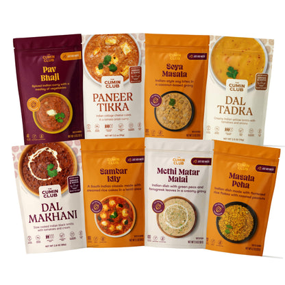The Cumin Club Variety Pack | 8 Authentic Indian Meals | Ready in 5 Minutes, Just Add Water | All-Natural, No Preservatives | Ve