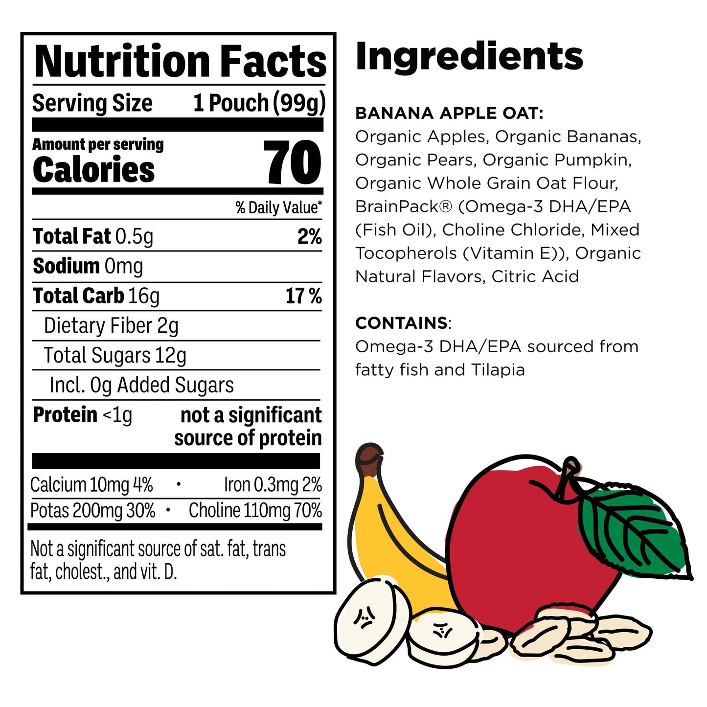 Little Brainiac Breakfast Blend Organic Fruit & Oat Toddler Pouches, Banana Apple Oat with Omega-3s DHA/EPA and Choline, Clean L