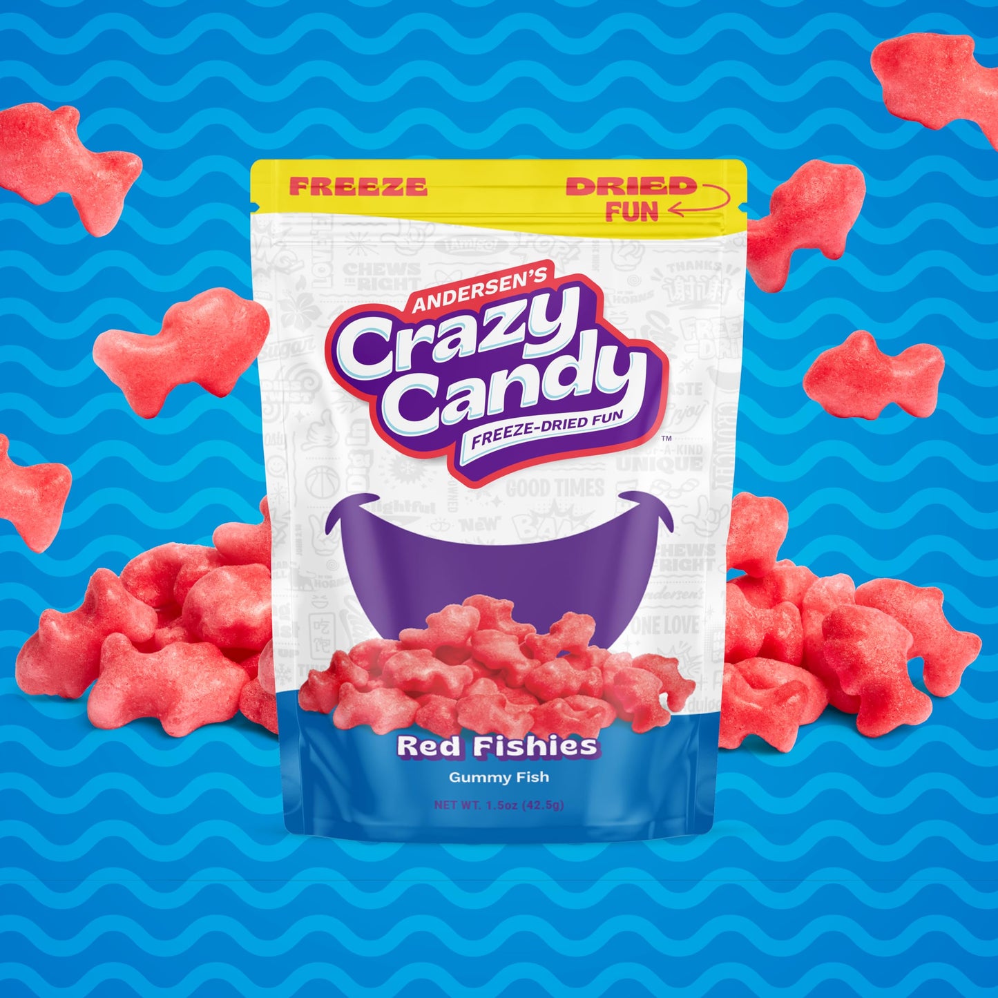 ANDERSENS Crazy Candy Freeze Dried Swedish Fish-Style Candy - Cherry Flavor, Crunchy Texture, Resealable Bag