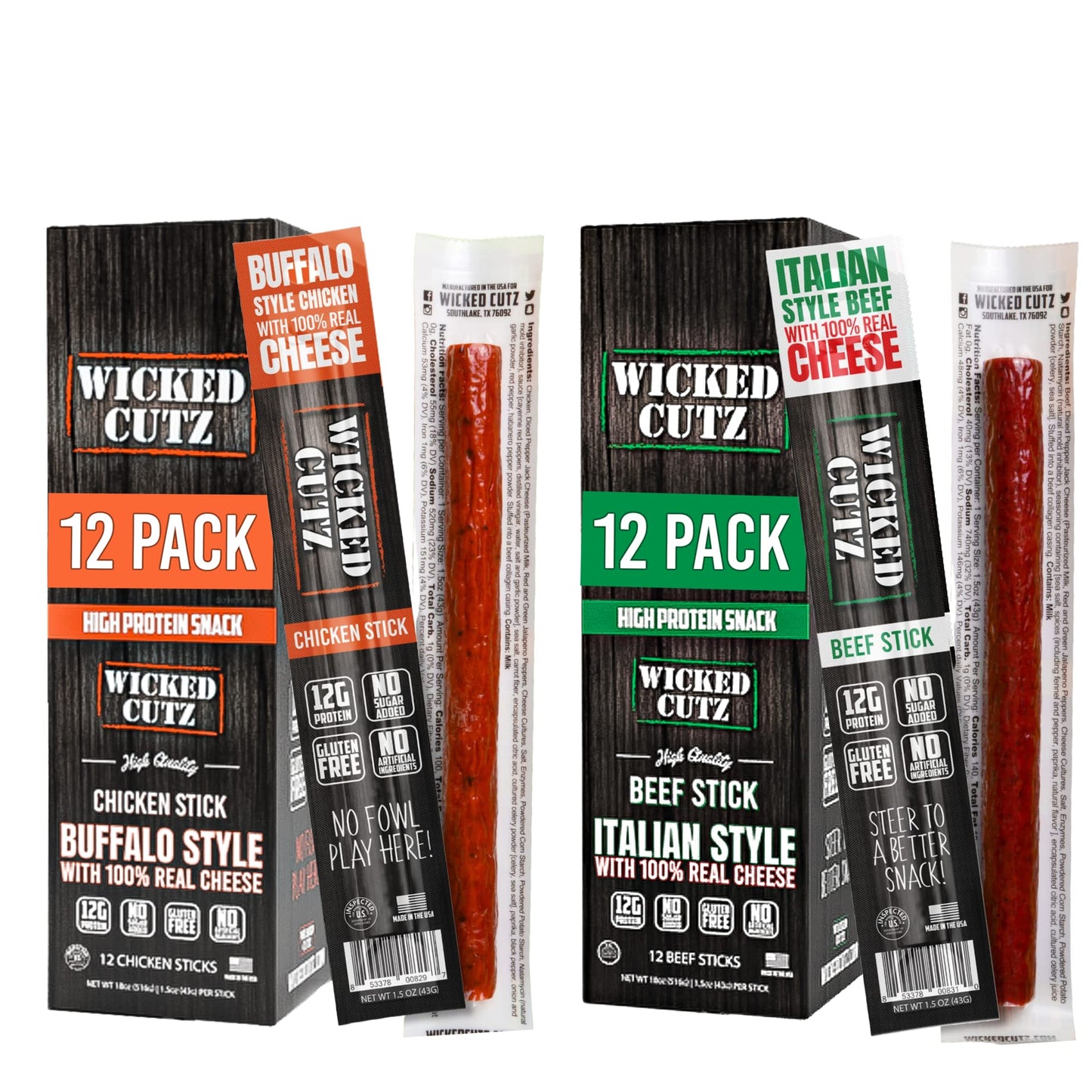 Wicked Cutz Meat & Cheese Sticks, High Protein Snacks, Gluten Free, 24 Pack, Italian Beef & Cheese & Buffalo Chicken & Cheese