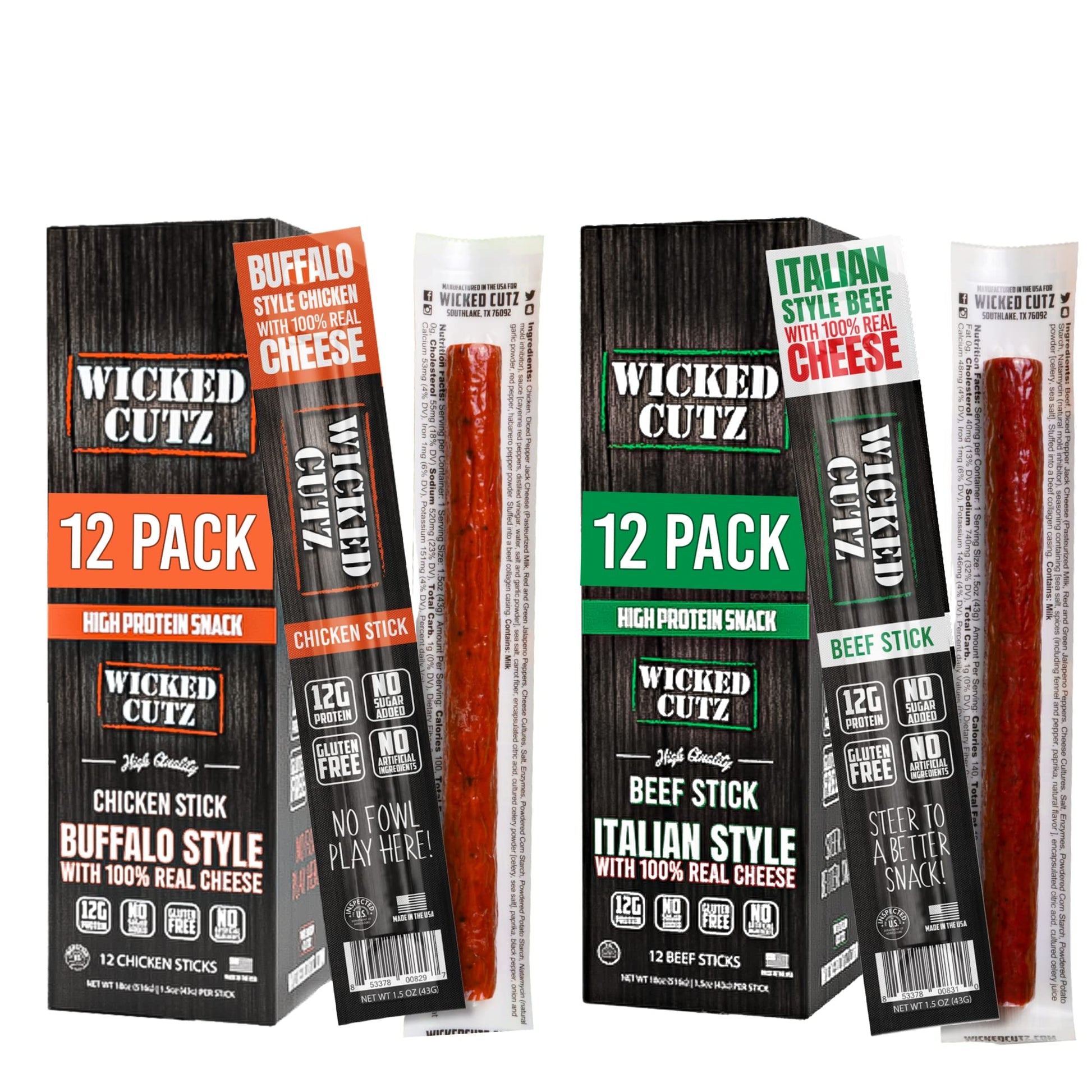 Wicked Cutz Meat & Cheese Sticks, High Protein Snacks, Gluten Free, 24 Pack, Italian Beef & Cheese & Buffalo Chicken & Cheese