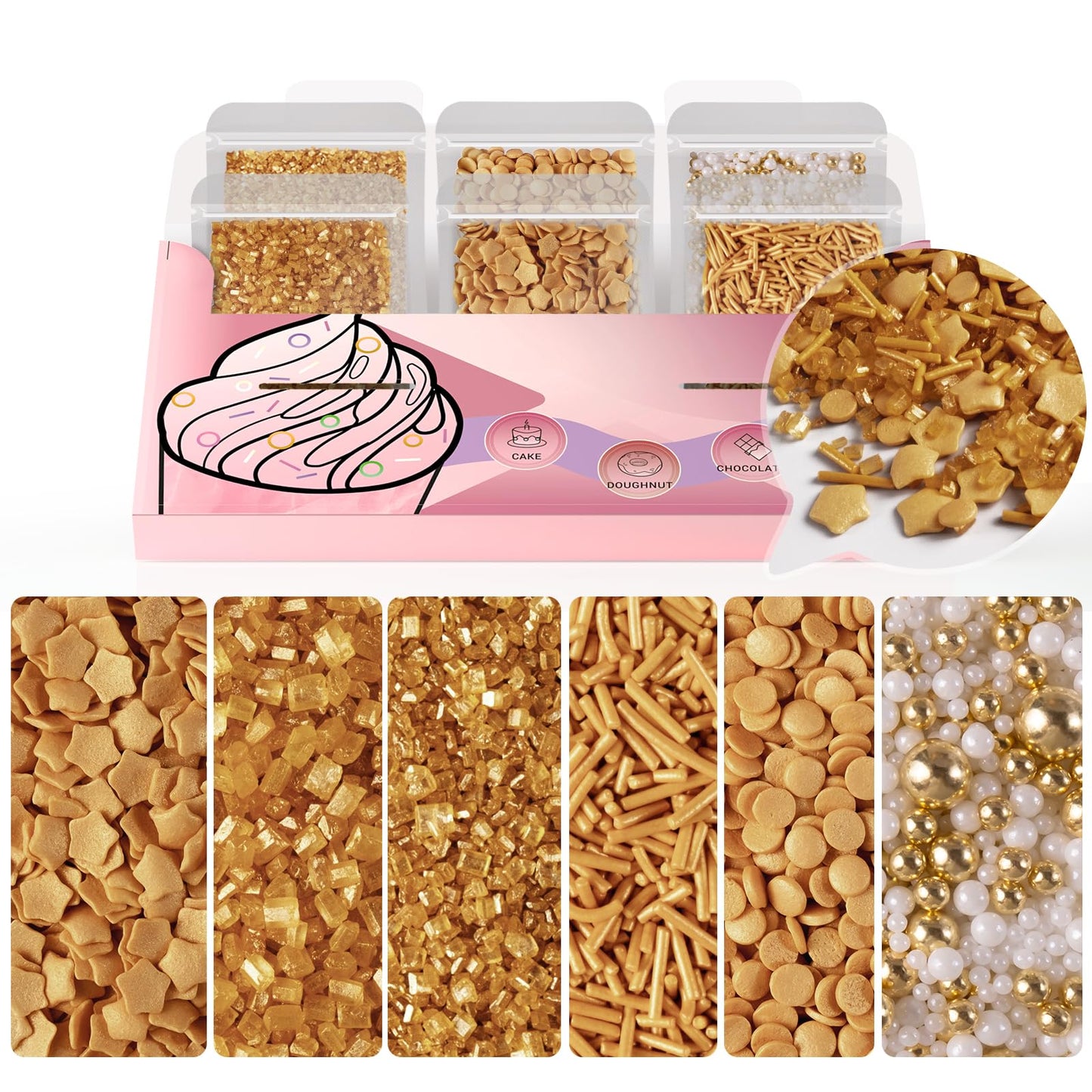 HUEBEATY 6-in-1 Gold Sprinkles Edible for Cake Decorating | 180g/6.36oz | Gold Coin & Star Confetti Sprinkles, Sanding Sugar, Ji