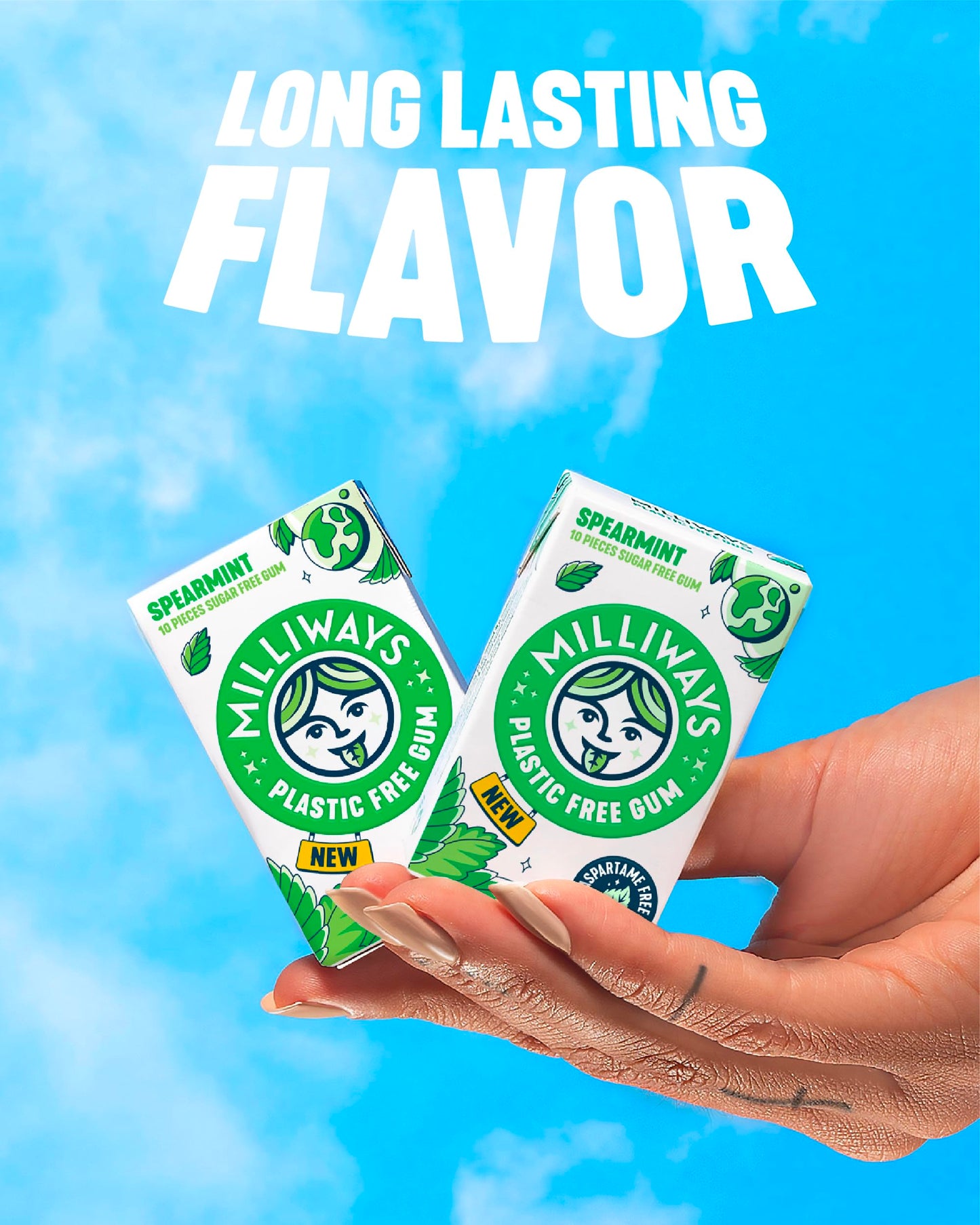 Milliways Spearmint | Plastic Free Gum | Xylitol  Aspartame-Free  Sugar-Free  Plant-Based  Natural Chewing Gum | 120 Pieces Total (12 Packs of 10 Pieces)