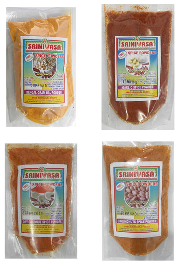 Sreenivasa Andhra Special Spicy Powder Combo - Pack of 4 x 100gm (Bengal Gram Dal Powder, Groundnut Spicy Idly Powder, Garlic Sp