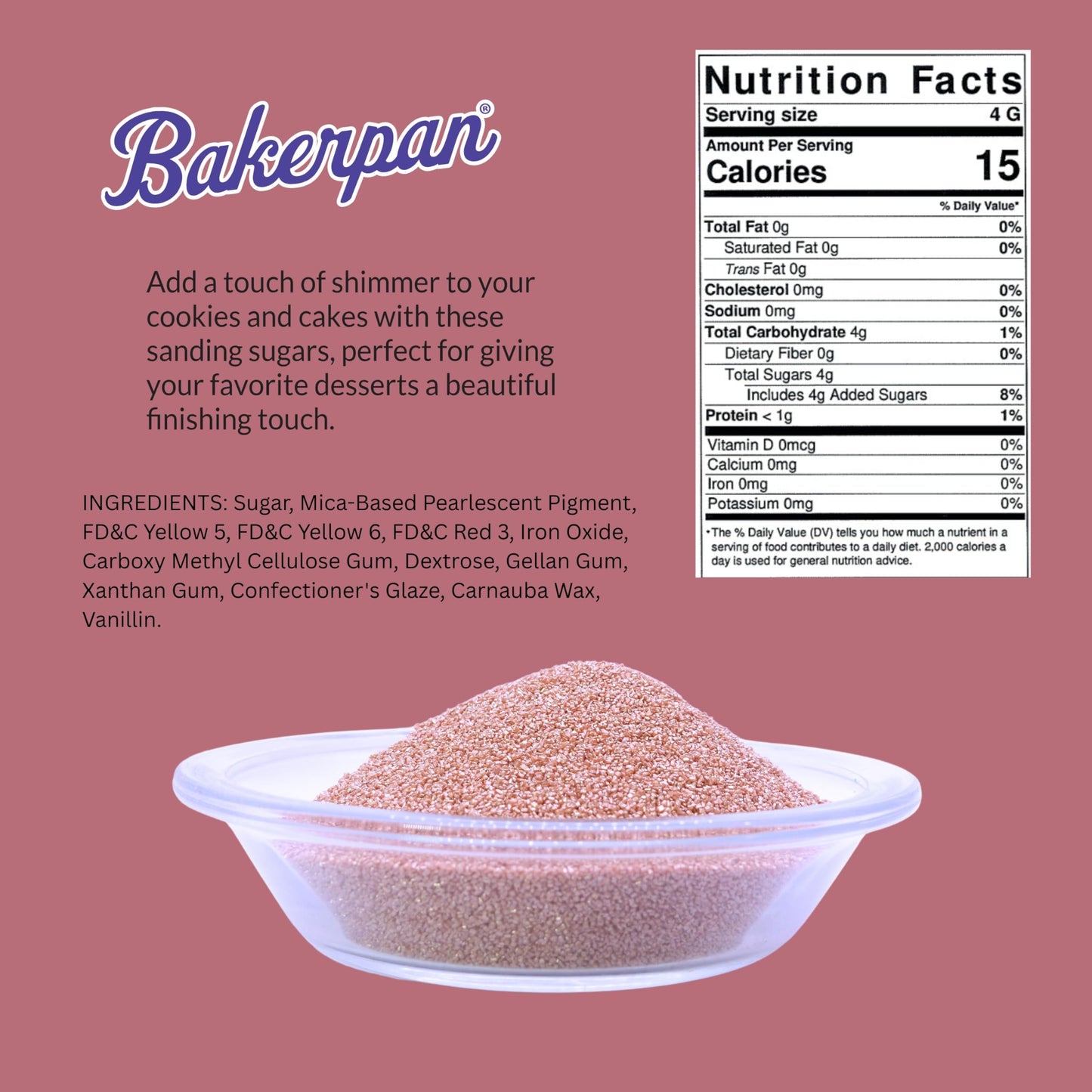 Bakerpan Rose Gold Sanding Sugar For Baking & Cookie Decorating - 5 Ounce Edible Rose Gold Sugar Sprinkles For Cookies, Cakes, C