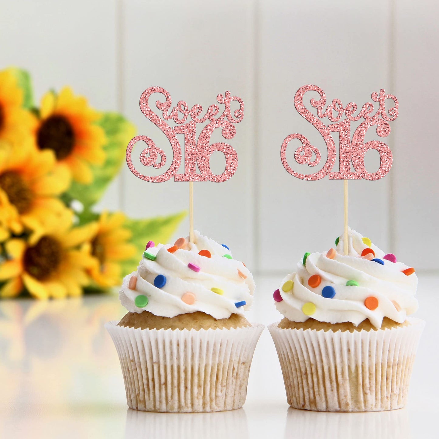 Gyufise 24 Pack Cupcake Toppers Glitter Sixteen Happy 16th Birthday Decorations Rose Gold Model ZN0475-4-RG