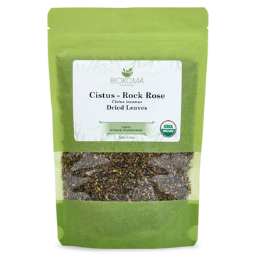 Biokoma Pure And Organic Cistus - Rock Rose Natural Dried Leaves In Resealable Pack Moisture Proof Pouch 100G Usda Certified Organic-Herbal Tea, No Additives,No Preservatives,No Gmo, Kosher