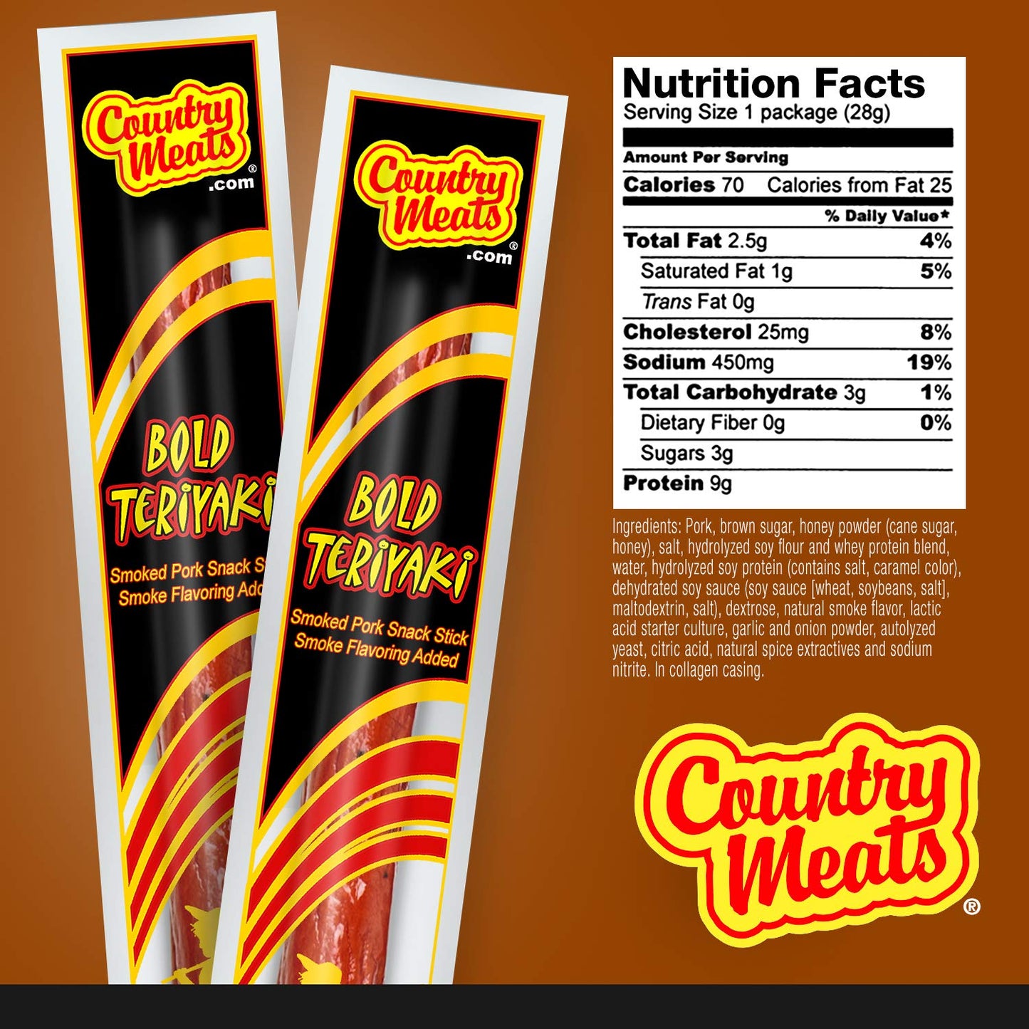 Country Meats, Meat Sticks, 0 Trans Fat, Usda Certified, Good Source Of Protein, Carb Conscious Snack (10 Meat Sticks, Bold Teriyaki)