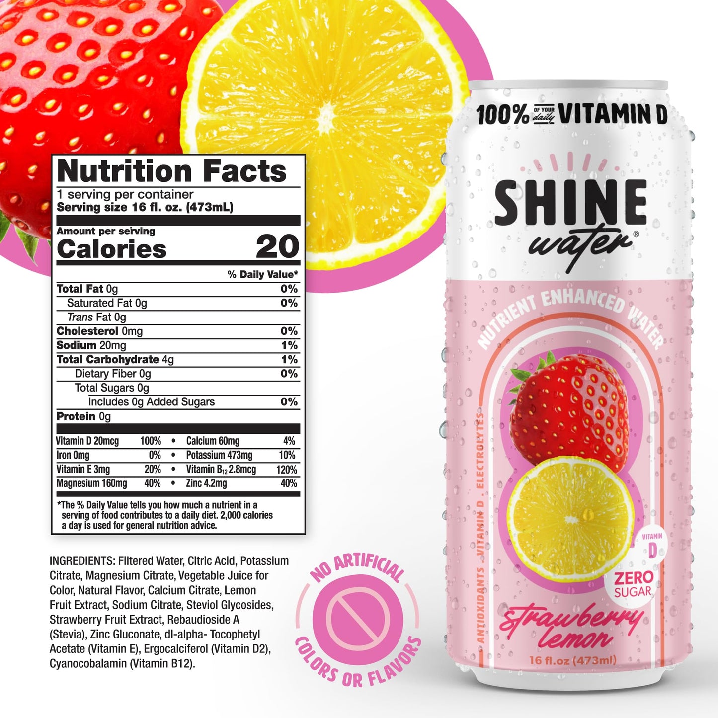 ShineWater Electrolyte Drink - Sugar-Free, Strawberry Lemon Flavor, 16 Fl Oz, Pack of 12