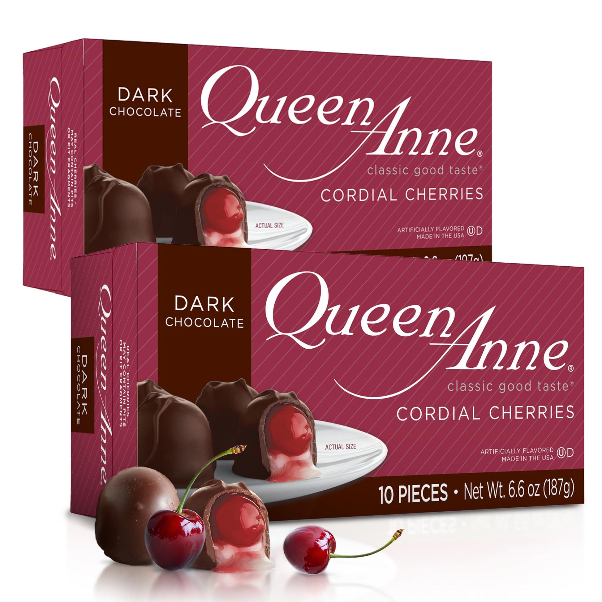 Queen Anne Dark Chocolate Covered Cordial Cherries, 6.6 oz (Pack of 2), 10 Piece Gift Box, Whole Maraschino Cherry, Holiday Candy
