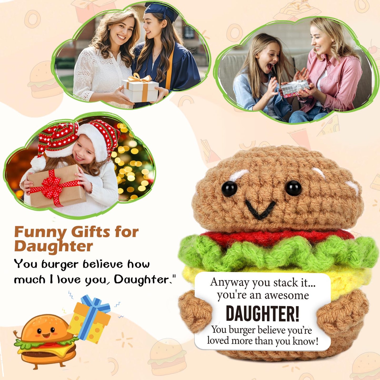 Avboda ?Mini Inspirational Daughter Birthday Gifts From Mom Dad Cute Handmade Positive Crochet Burger For Dauther From Parents Motivational Encouragement Back To School For Daughters