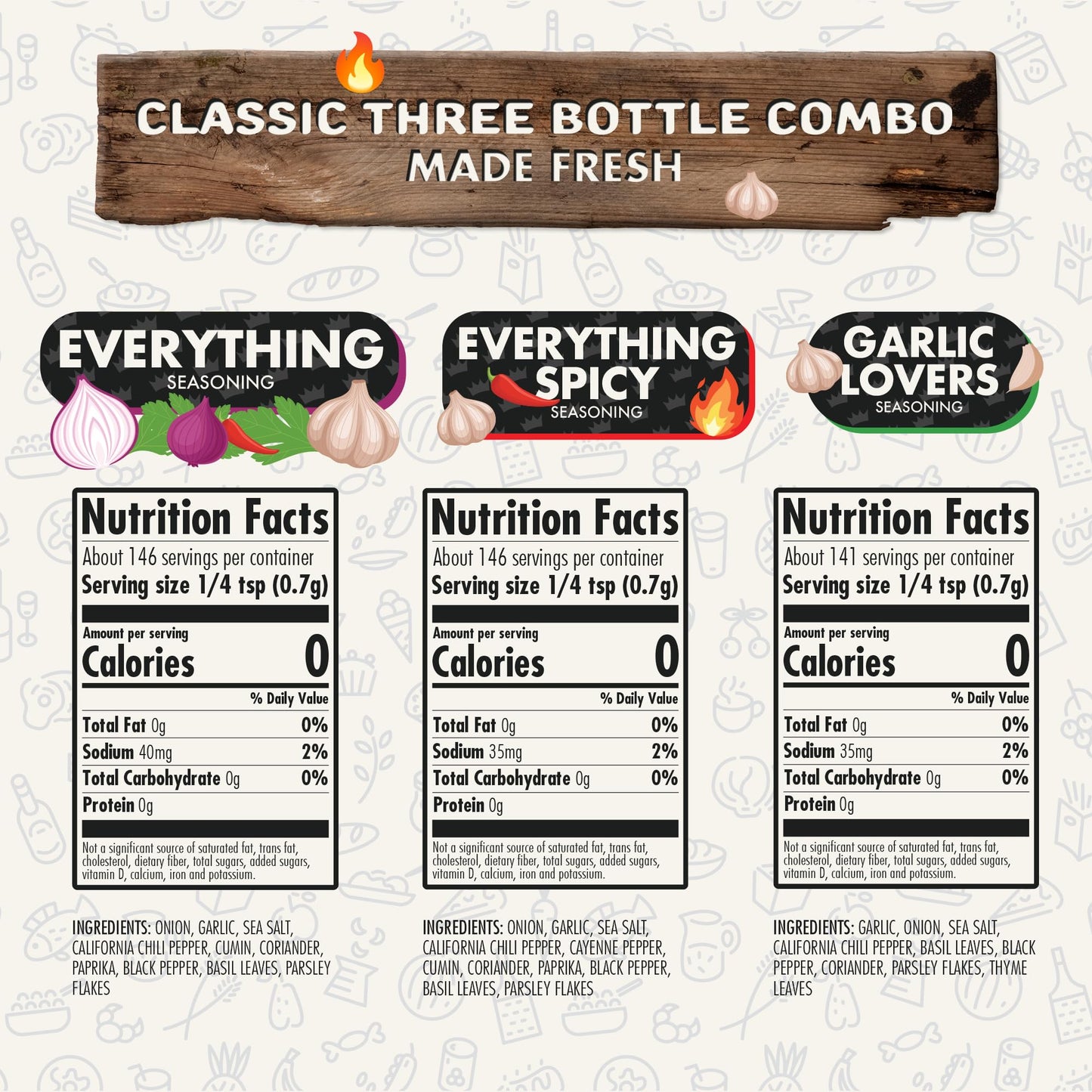 Flavor God Classic Combo Pack of 3 Herb, Spice & Seasoning Gift Set - Low Sodium, Natural Blends for Chicken, Beef, Seafood, and Vegetables