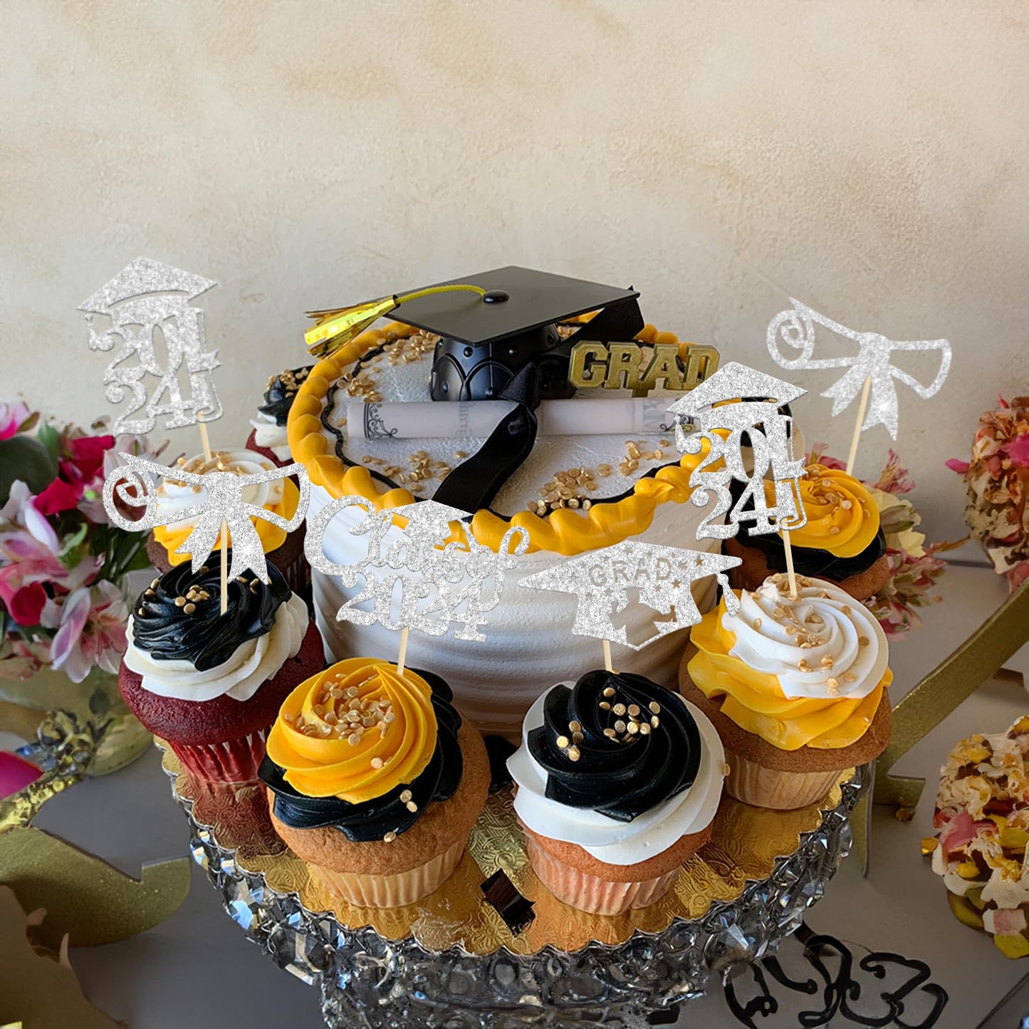 Gyufise 24Pcs Silver Glitter 2024 Graduation Cupcake Toppers Diploma Congrats Grad Cap Diploma Cupcake Picks For Graduation Part