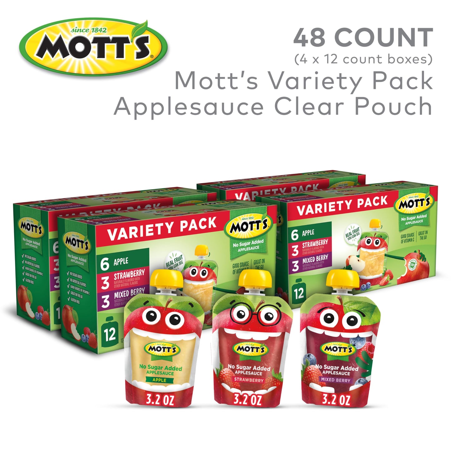 Motts No Sugar Added Applesauce Variety Pack, 48 Count (4 Packs of 12), 3.2 oz Clear Pouches