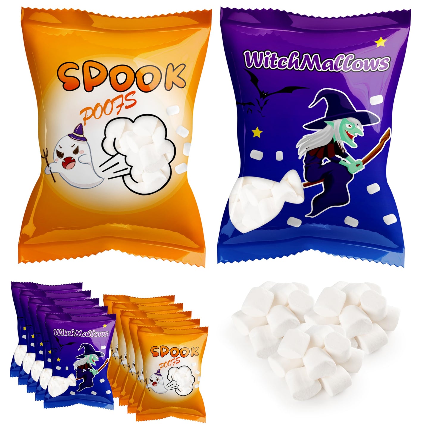 50 Pack Assorted Halloweens Mini Marshmallows Individually Wrapped  Witchmallow & Spook Poof  Vanilla Flavored  Halloweens Themed Snacks Bulk  Kids Fun Halloween Candy Bulk for Trick or Treat