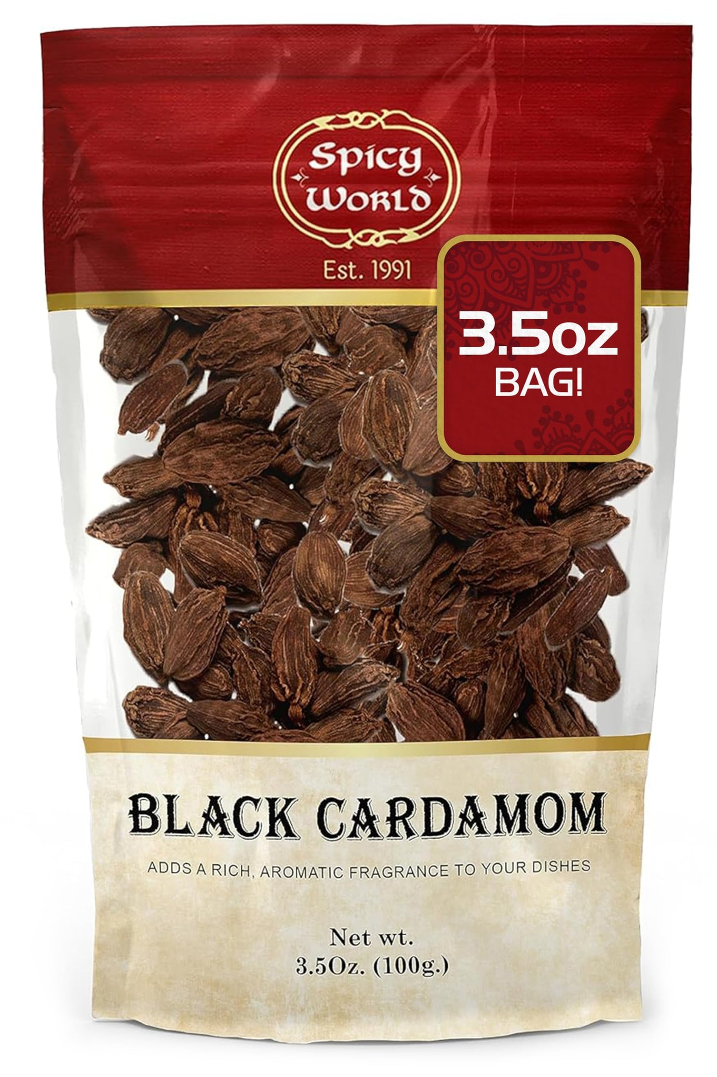 Black Cardamom Pods 3.5 Oz Bag (100Gm) | Whole Kali Elaichi Indian Spice By Spicy World