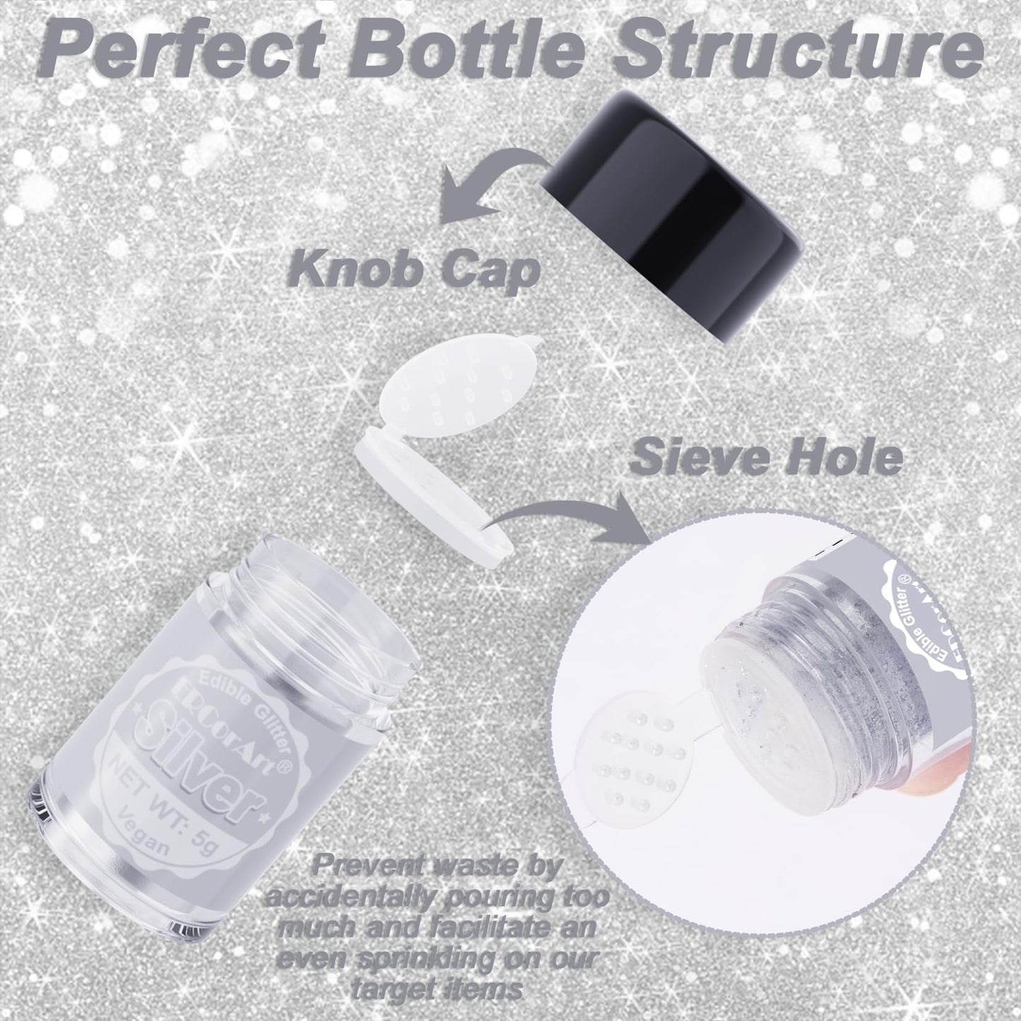 Edible Glitter - Silver Luster Dust Edible For Drinks Cakes, Food Grade Cake Decorating Shimmering Glitter, Sprinkle Powder For