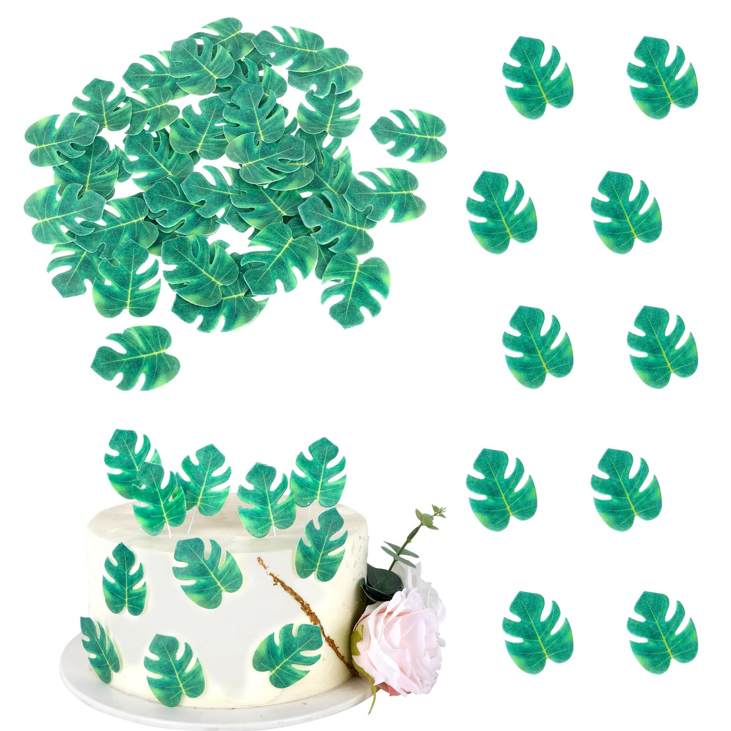 Rsstarxi Edible Tropical Turtle Leaves Cupcake Toppers, Palm Leaf Design, 48 Pack, Paper Decorations for Jungle Theme Parties