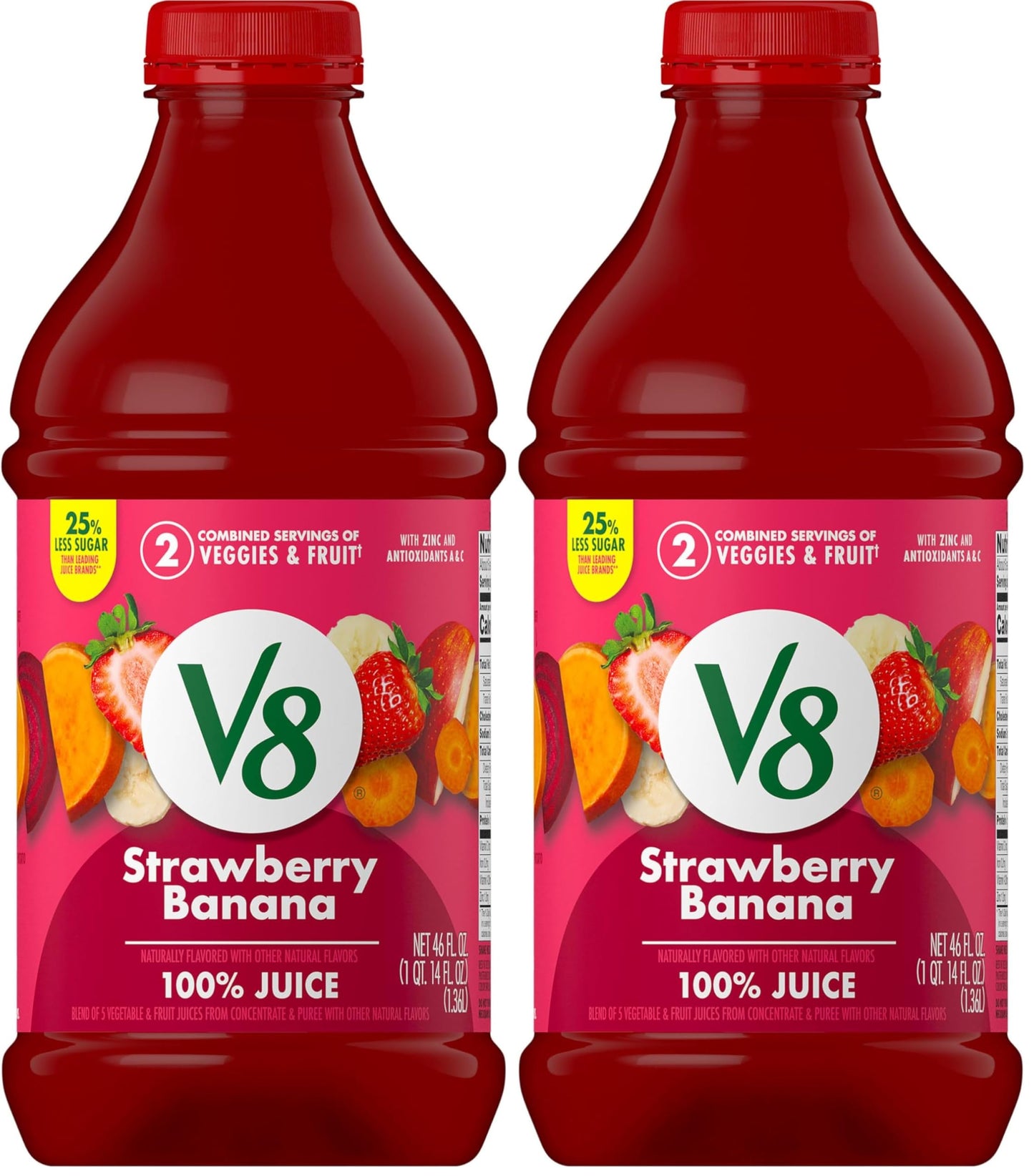 V8 Strawberry Banana Fruit and Vegetable Juice, 46 fl oz | 100% Juice | Pack of 2 | Bottle