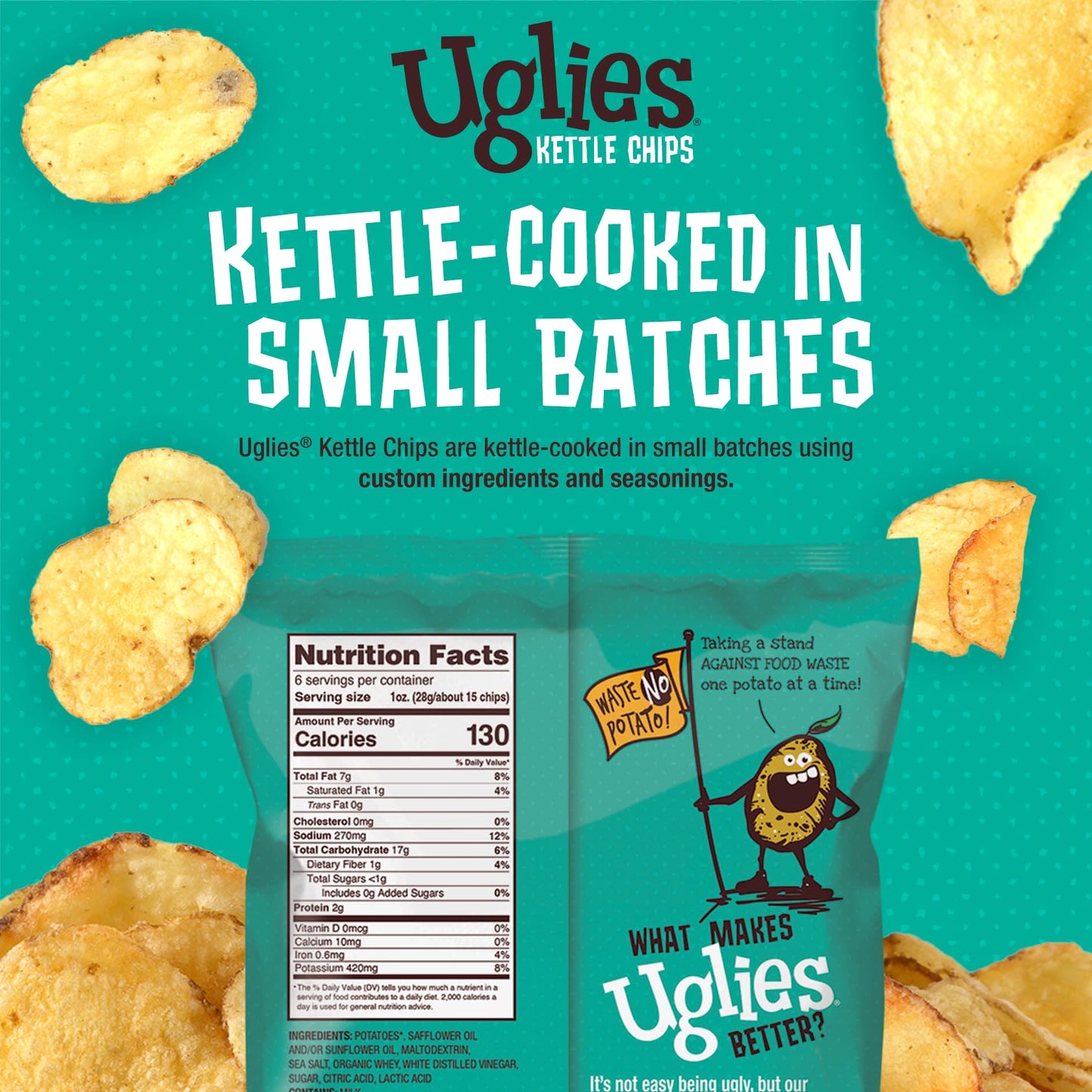 Uglies Salt and Vinegar Kettle Cooked Potato Chips, Gluten Free, 6 Oz. Bags, Pack of 4