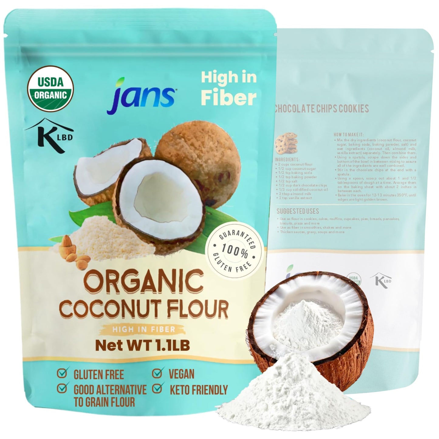 Jans Organic Coconut Flour 1.1Lb | Gluten-Free | Certified Organic | Keto  Paleo  & Vegan Friendly | Flour Substitute For Low Carb | High Fiber | Unbleached & Unrefined (1 Pack)