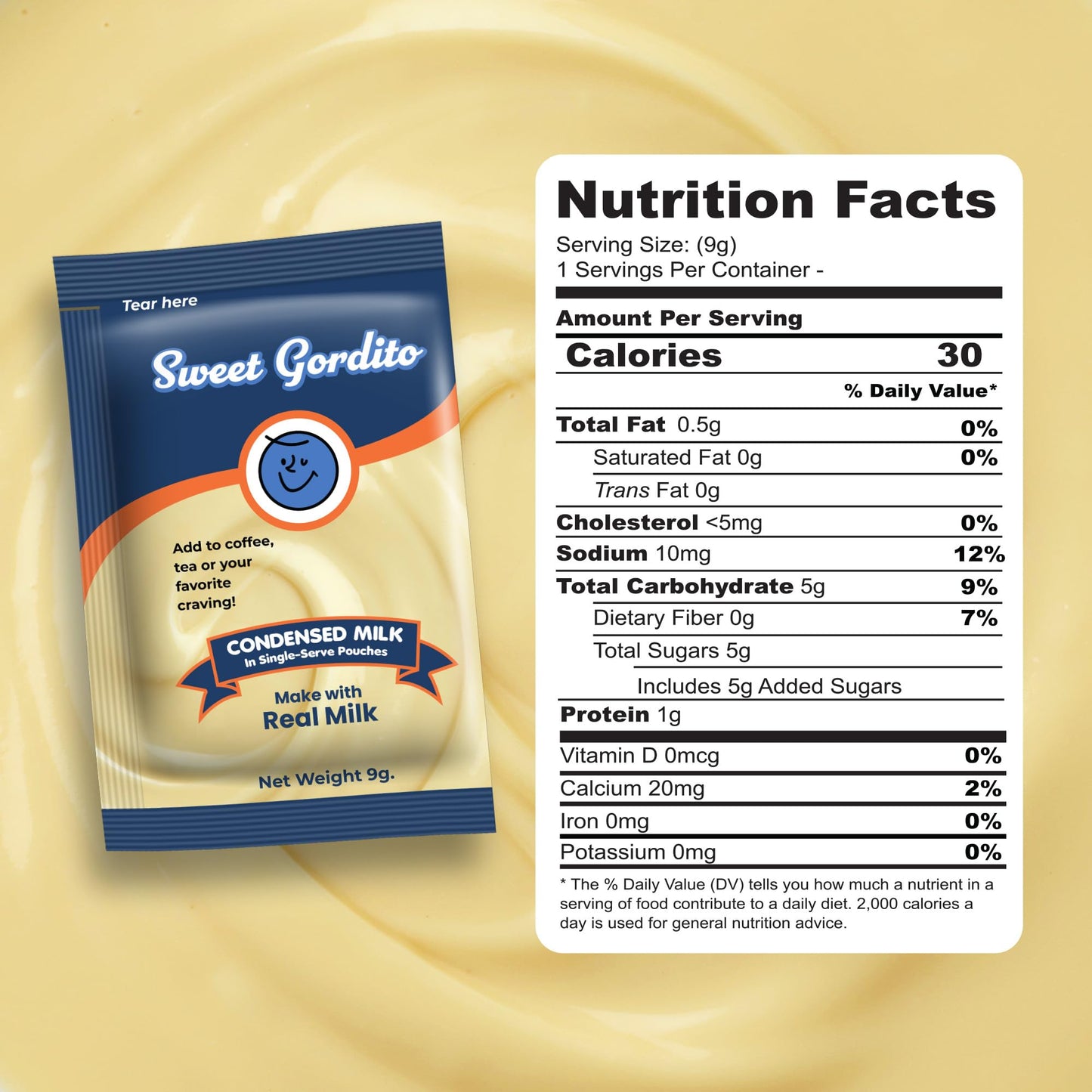 Sweet Gordito Sweetened Condensed Milk Creamer Singles - 60 Pack, 0.9 Oz, Non-Refrigerated Coffee & Tea Creamers