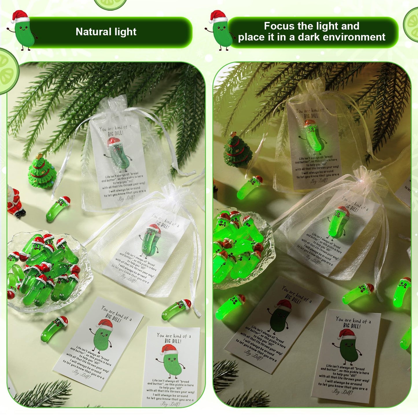 Roundfunny 30 Sets Emotional Support Gifts Bulk Cute Resin Luminous Pickle Taco With Inspirational Card Organza Bag For Coworker
