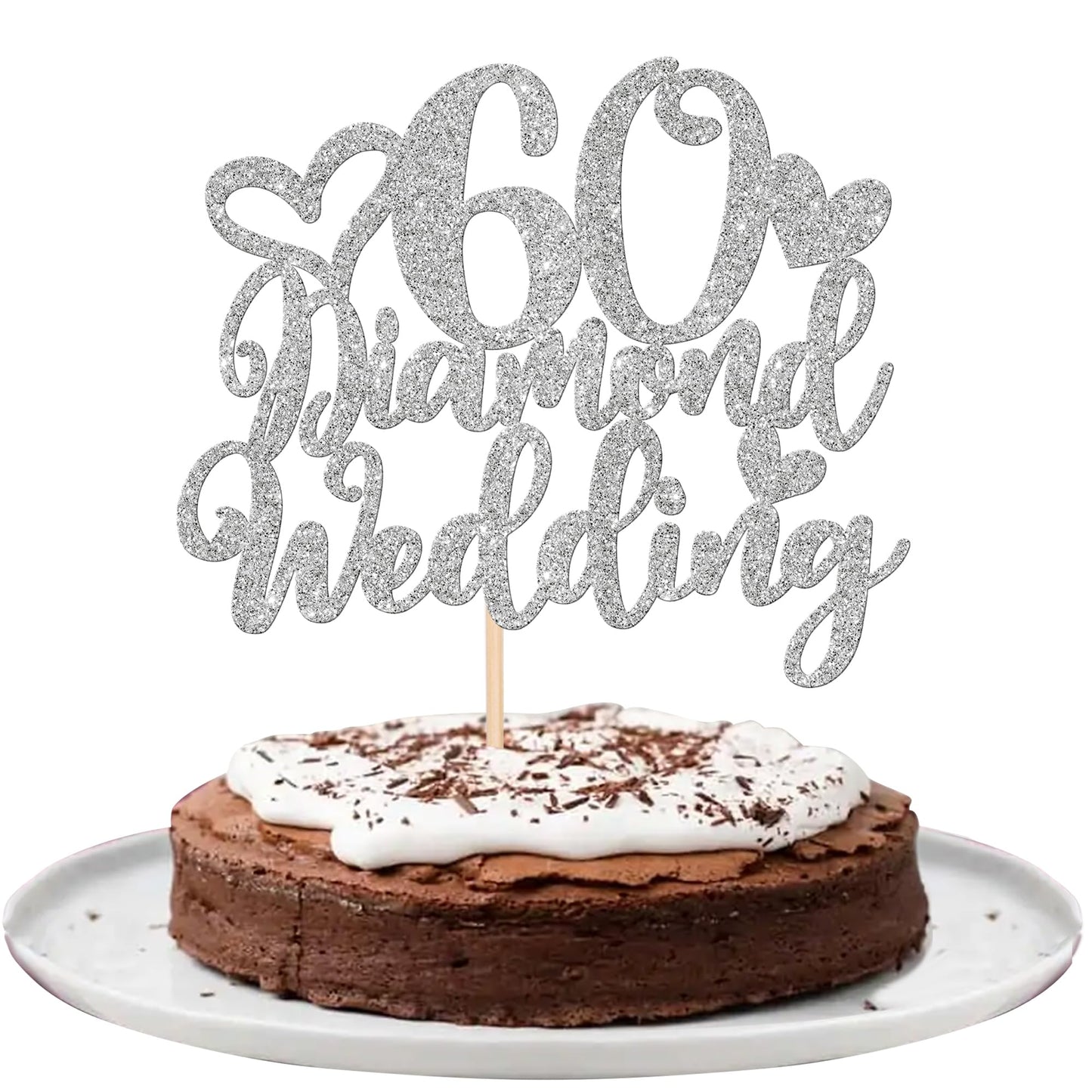 1 PCS 60th Wedding Anniversary Cake Topper with Heart Silver Glitter Silver 60 Diamond Wedding Cake Pick Cheers to 60 Years Cake