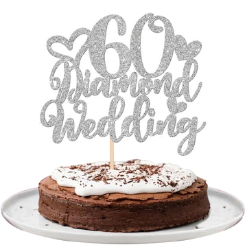 1 PCS 60th Wedding Anniversary Cake Topper with Heart Silver Glitter Silver 60 Diamond Wedding Cake Pick Cheers to 60 Years Cake