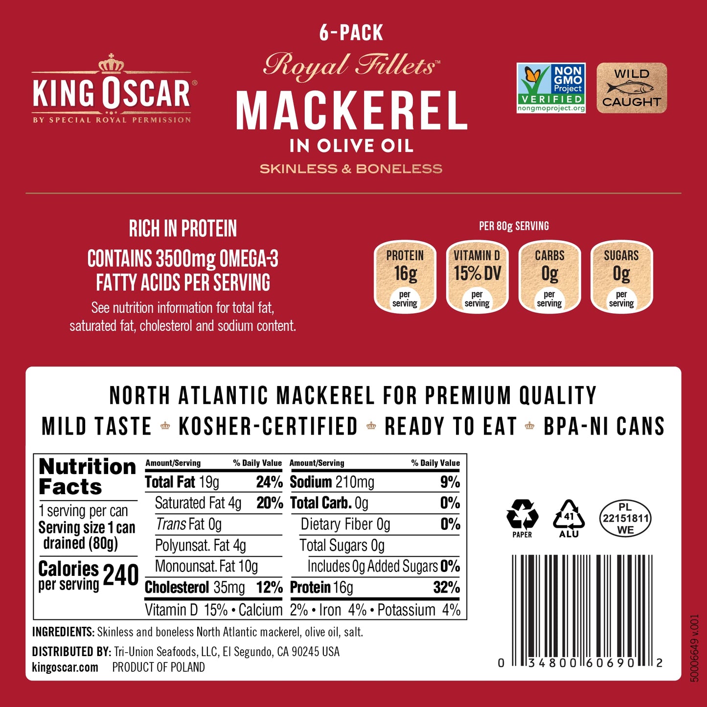 King Oscar Mackerel In Olive Oil, 4.05 Ounce Can (Pack Of 6, Packaging May Vary), Skinless & Boneless, Wild Caught Canned Mackerel