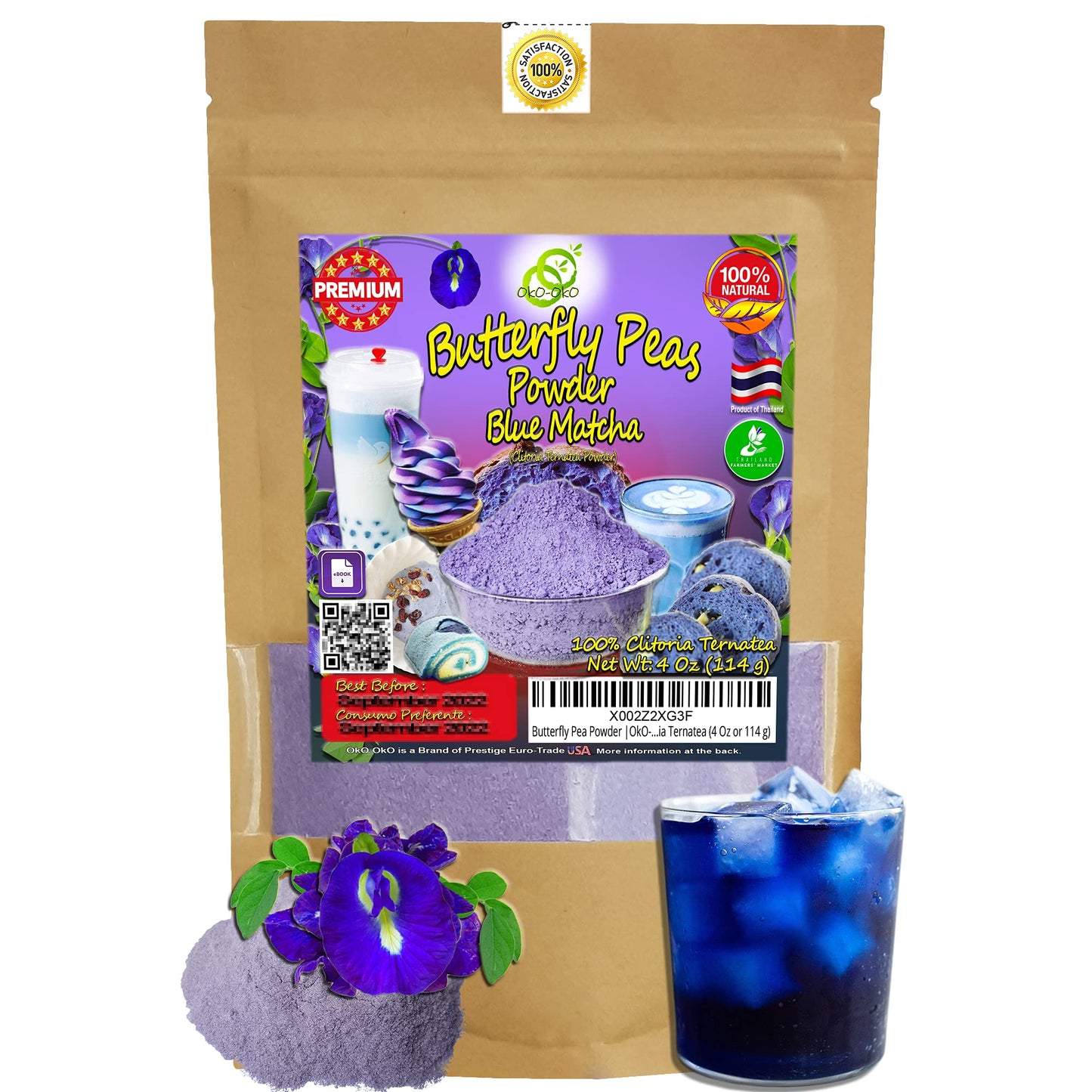 oko-oko Blue Matcha Butterfly Pea Powder - 100% Natural - 4 Ounce - Blue Herbal Tea, Vegan Food Coloring