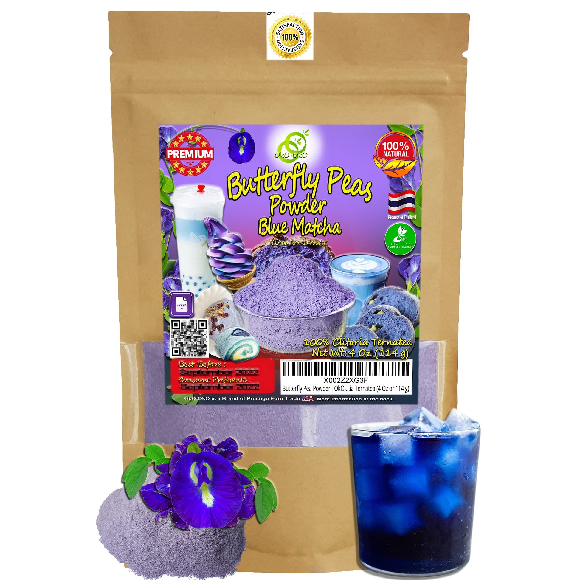 oko-oko Blue Matcha Butterfly Pea Powder - 100% Natural - 4 Ounce - Blue Herbal Tea, Vegan Food Coloring