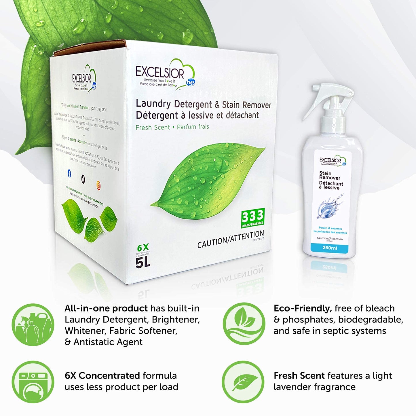 Excelsior HE Concentrated Liquid Laundry Detergent, 5L, Phosphate-Free, Stain Remover, Fresh Scent, 333 Loads, 1 Count