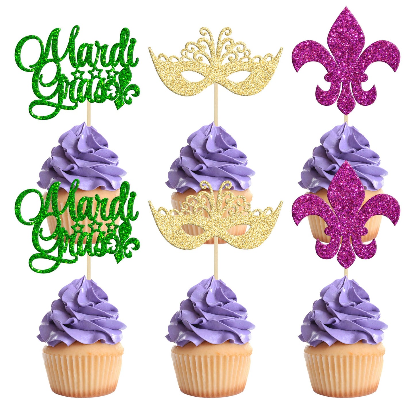 24Pcs Mardi Gras Cupcake Toppers Glitter Masquerade Cake Picks Mardi Gras Party Baby Shower Birthday Party Cake Decorations Supp