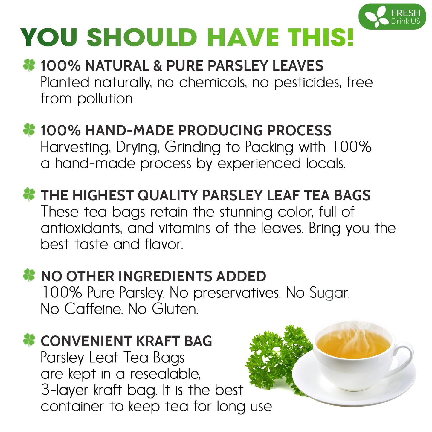 FRESHDRINKUS Parsley Leaf Herbal Tea Bags, 100% Natural, Vegan, 15 Tea Bags