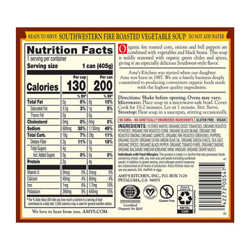 Amys Soup, Vegan Fire Roasted Southwestern Vegetable Soup With Organic Black Beans, Gluten Free, Canned Soup, 14.3 Oz (12 Pack)