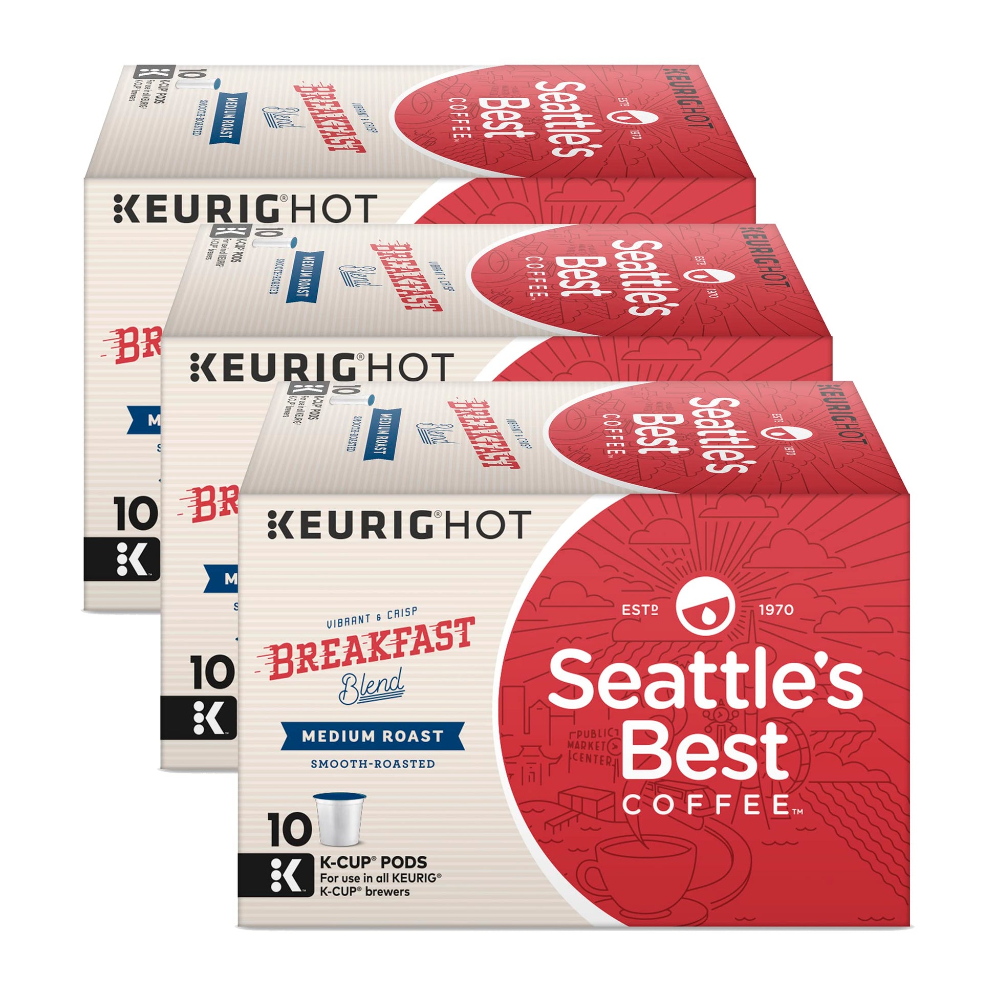 Seattles Best Coffee K-Cup Pods, Breakfast Blend, Medium Roast, 10 Count (Pack of 3), Red and White