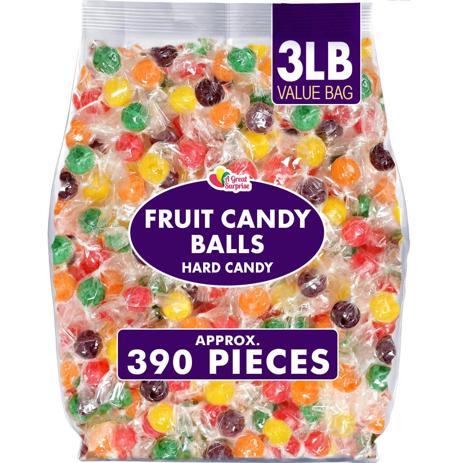 Fruit Balls Hard Candy - 3 Pounds - Cherry, Lemon, Orange, Green Apple, Grape - Individually Wrapped Fruit Balls Assorted Candy