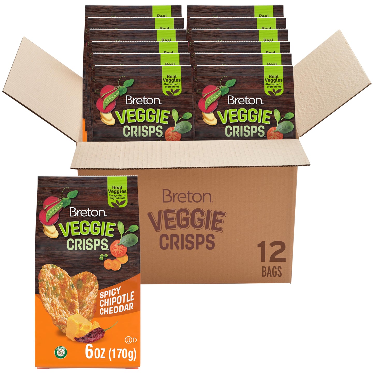 Breton Veggie Crisps Spicy Chipotle Cheddar (Pack of 12) - Popped not Fried Crisps, Made with Real Vegetables, Light and Crispy 