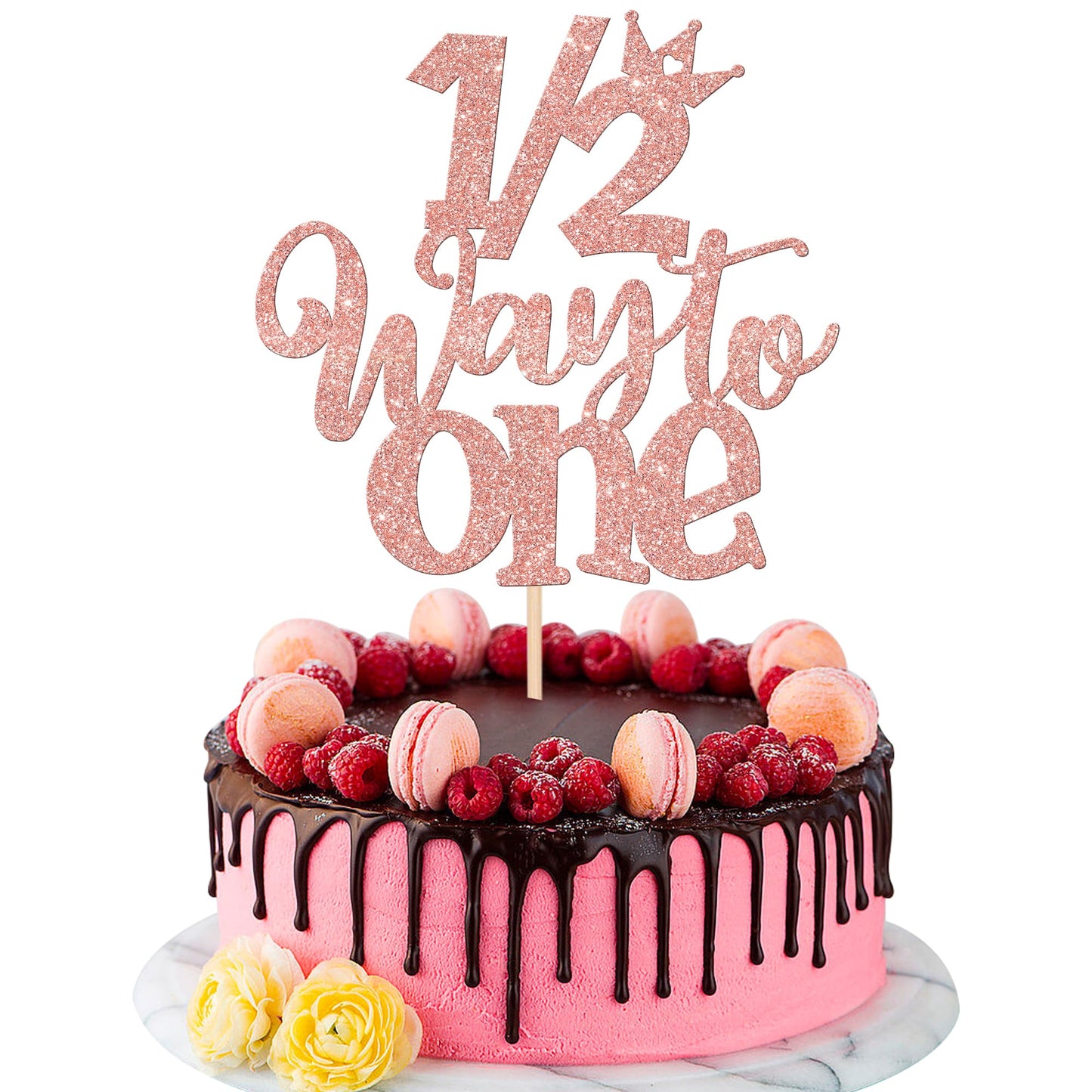 ZHUOWEISM Cake Topper - Glitter Half Way to Go Decoration, Rose Gold, 1 PCS, Happy 6 Months Birthday Party Supplies