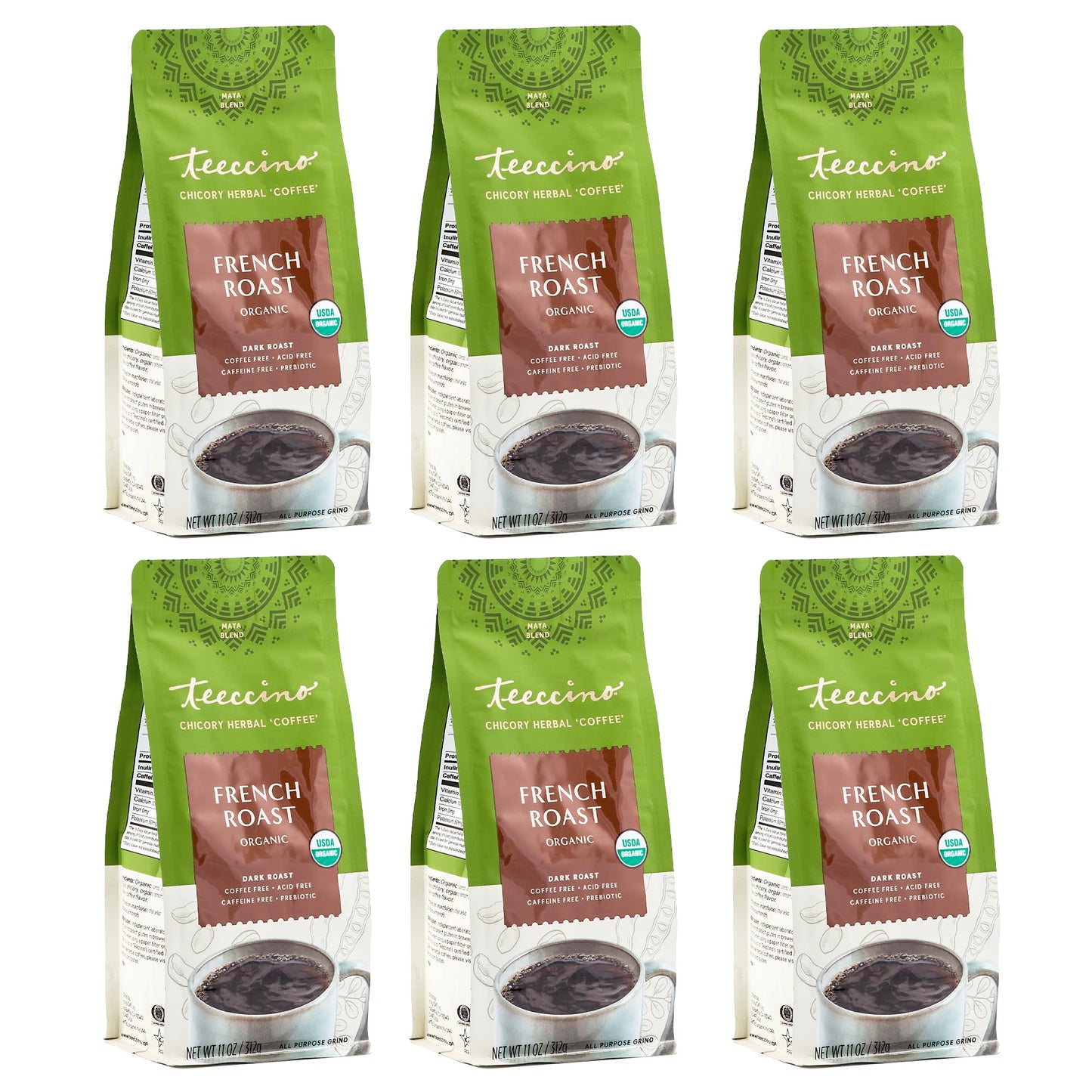 Teeccino French Roast Herbal Coffee - Caffeine-Free, Acid-Free, 11 Ounce (Pack of 6)
