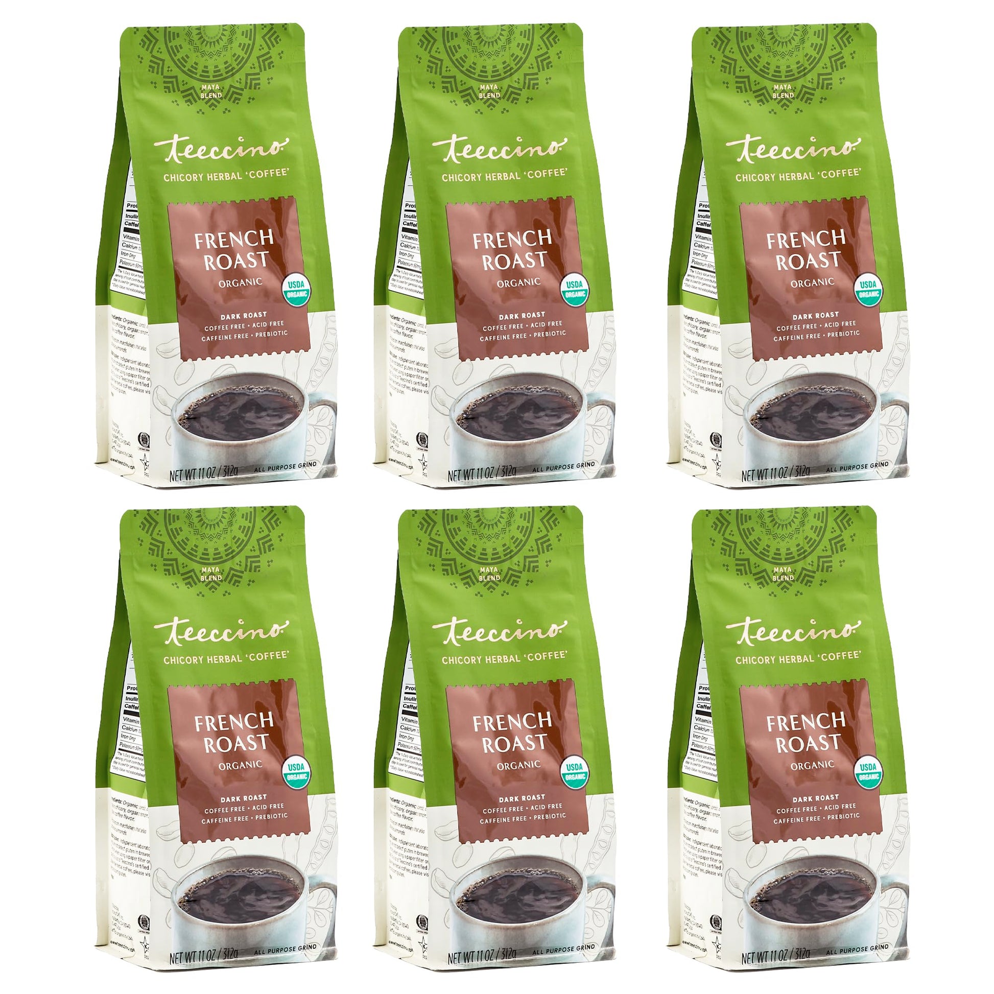Teeccino French Roast Herbal Coffee - Caffeine-Free, Acid-Free, 11 Ounce (Pack of 6)