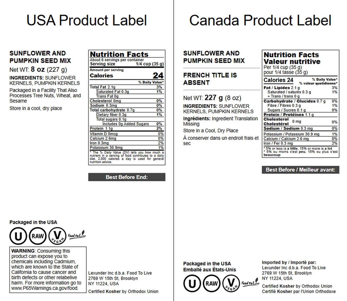 Food to Live Sunflower and Pumpkin Seed Mix, 8 Ounces - Natural Snack, Rich in Protein, Perfect for Snacking, Baking and Salads,