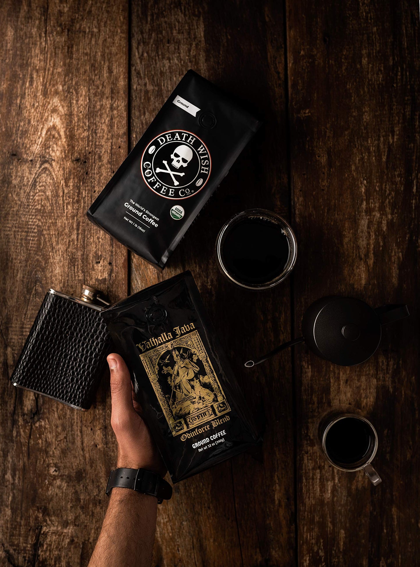 Death Wish Coffee Dark Roast & Valhalla Java Ground Coffee Bundle, 28 Oz Total, Extra Caffeine, Arabica & Robusta Beans