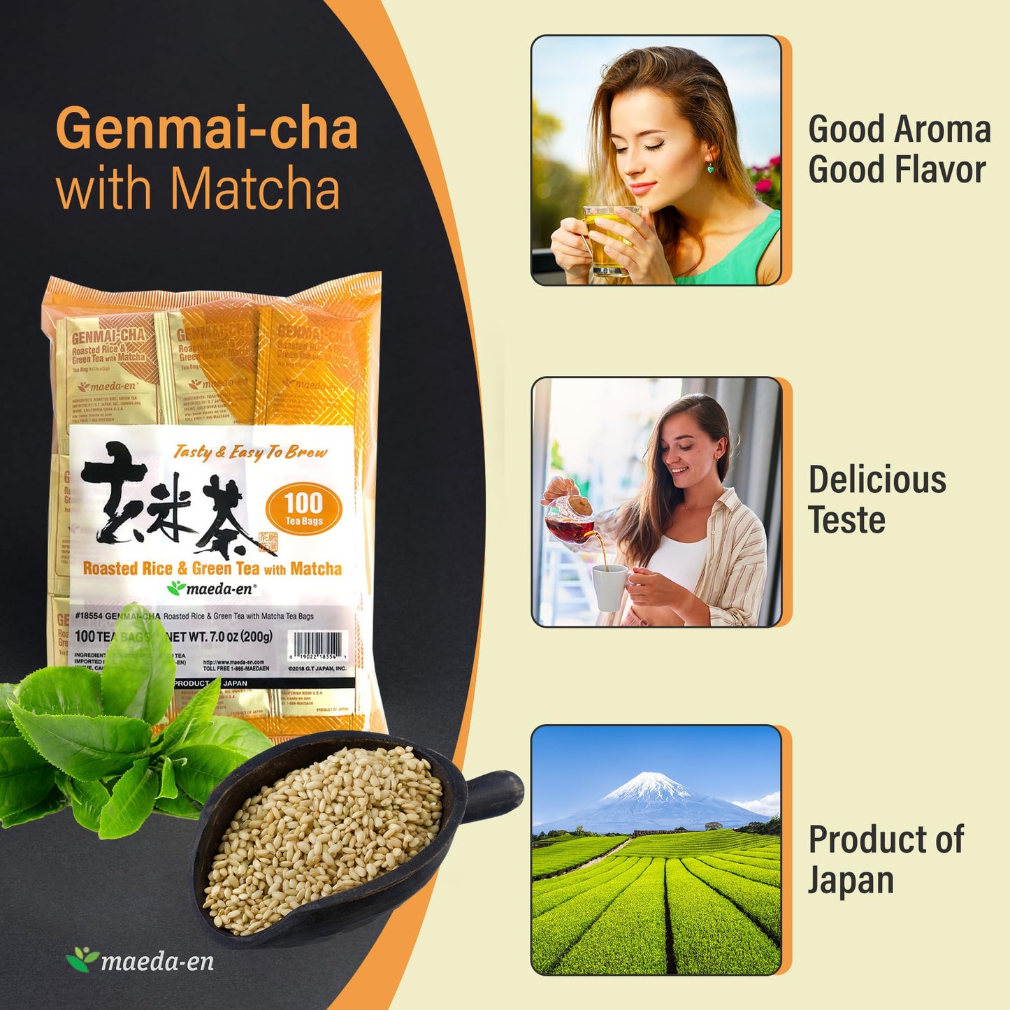 Maeda-En Genmai-Cha With Matcha Roasted Rice And Green 200 Tea Bags Powder Japanese Origin Green Tea Leaves Individually Wrapped