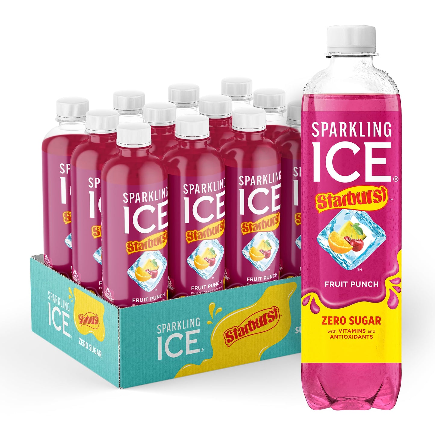 Sparkling Ice STARBURST Fruit Punch, Zero Sugar Flavored Sparkling Water, with Vitamins and Antioxidants, Low Calorie Beverage, 